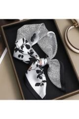 Siyah Beyaz Çiçek Desenli, Güneşten Koruyan, Rüzgar Geçirmez, Çift Taraf Baskılı, Fular, Eşarp 70x70