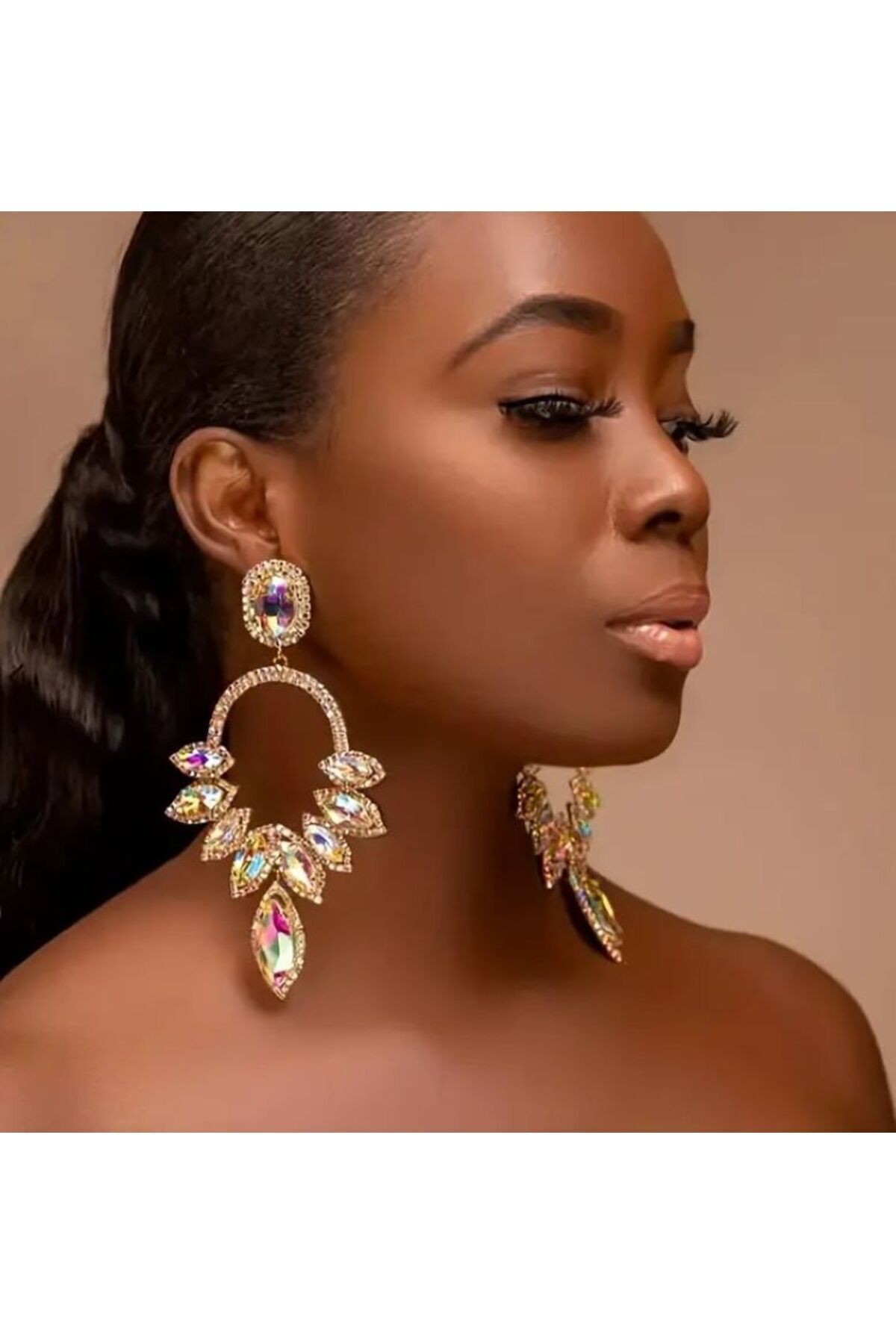 22K Altın Kaplama Yapay Elmas Abartılı Küpe, Kulak İğnesi Paslanmaz Çelik