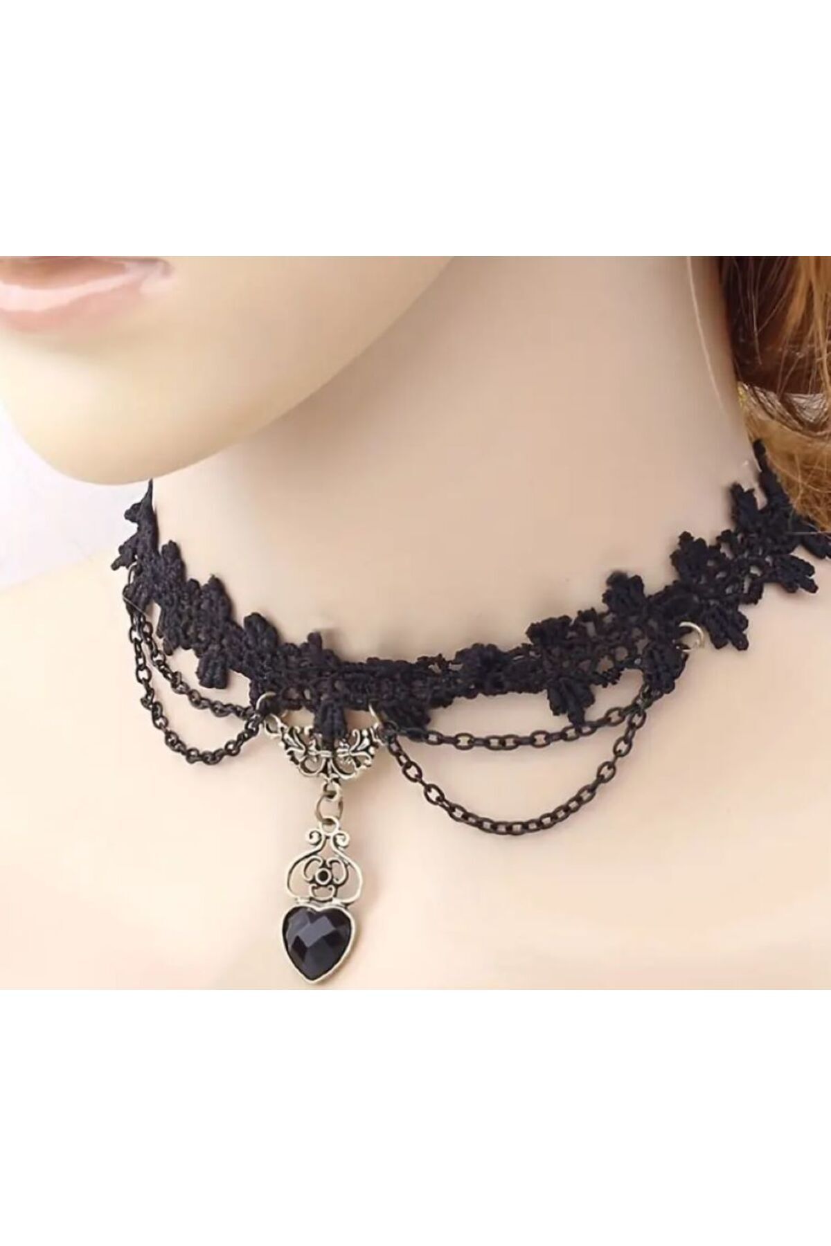 Gothic Kalp, Zincir ve Dantel Detaylı Vintage Gerdanlık