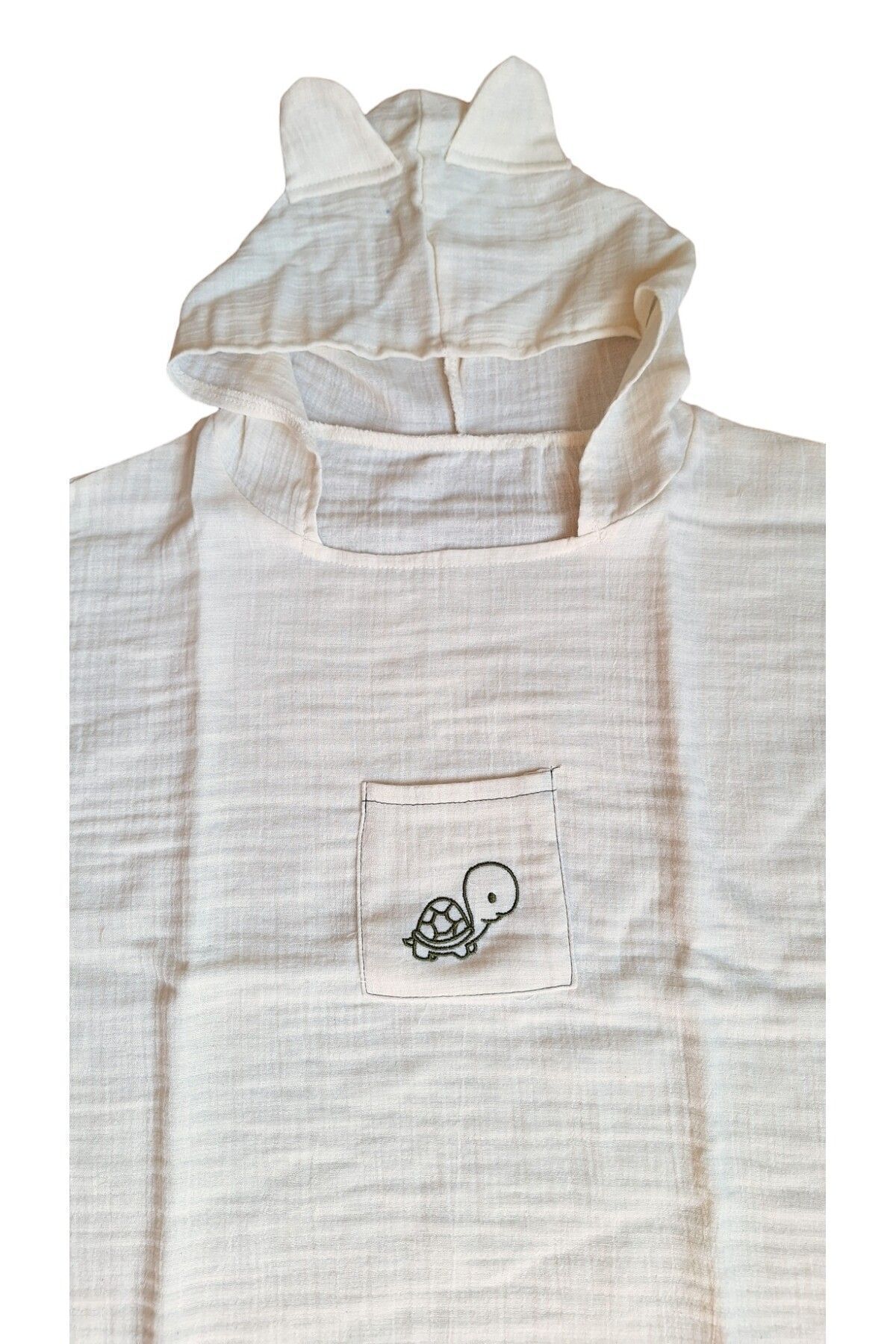 Çocuk Muslin Panço, %100 Organik Oeko-tex Sertifikalı, Kaplumbağa Desenli,cepli,kapüşonlu