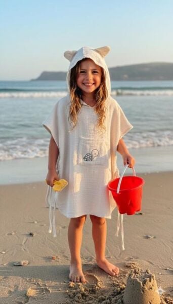 Çocuk Muslin Panço, %100 Organik Oeko-tex Sertifikalı, Kaplumbağa Desenli,cepli,kapüşonlu