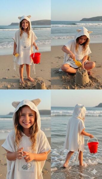 Çocuk Muslin Panço, %100 Organik Oeko-tex Sertifikalı, Kaplumbağa Desenli,cepli,kapüşonlu