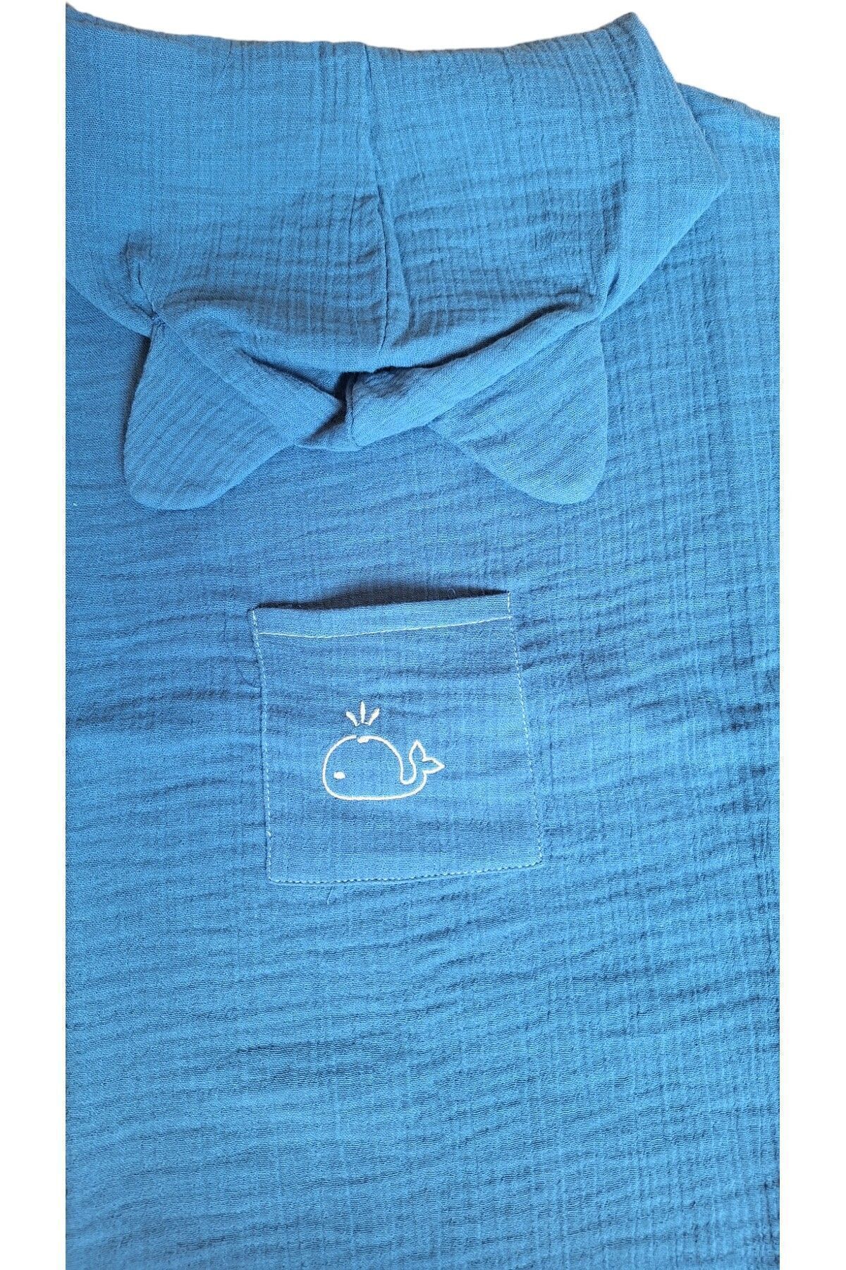 Çocuk Muslin Panço, %100 Organik Oeko-tex Sertifikalı, Balina Desenli, Cepli, Kapüşonlu