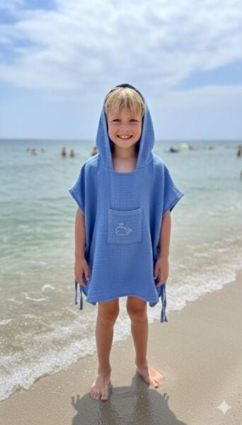 Çocuk Muslin Panço, %100 Organik Oeko-tex Sertifikalı, Balina Desenli, Cepli, Kapüşonlu