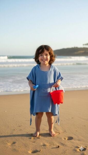 Çocuk Muslin Panço, %100 Organik Oeko-tex Sertifikalı, Balina Desenli, Cepli, Kapüşonlu