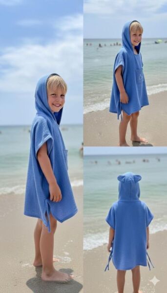 Çocuk Muslin Panço, %100 Organik Oeko-tex Sertifikalı, Balina Desenli, Cepli, Kapüşonlu