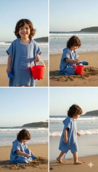 Çocuk Muslin Panço, %100 Organik Oeko-tex Sertifikalı, Balina Desenli, Cepli, Kapüşonlu