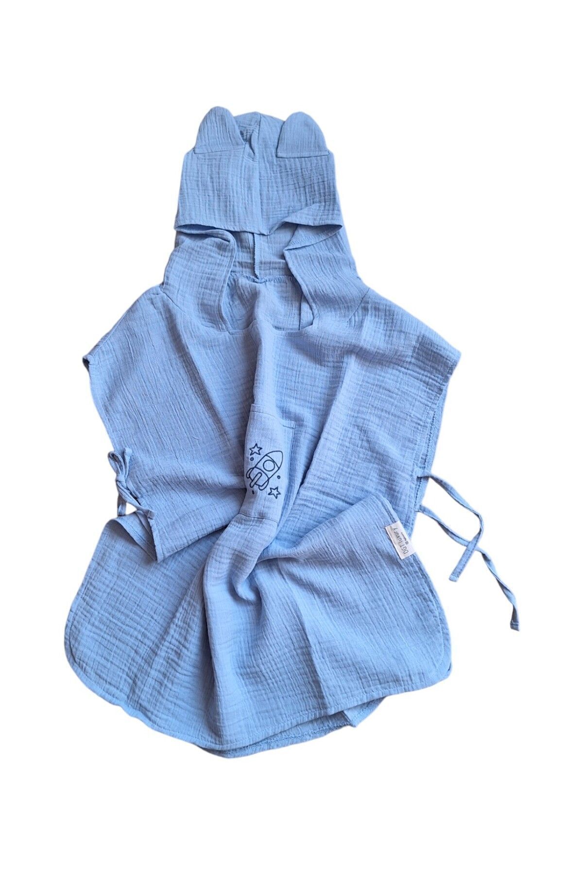 Çocuk Muslin Panço, %100 Organik Oeko-tex Sertifikalı, Füze Desenli, Cepli, Kapüşonlu