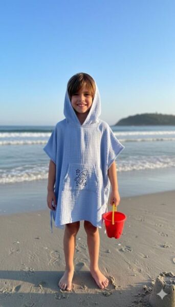 Çocuk Muslin Panço, %100 Organik Oeko-tex Sertifikalı, Füze Desenli, Cepli, Kapüşonlu