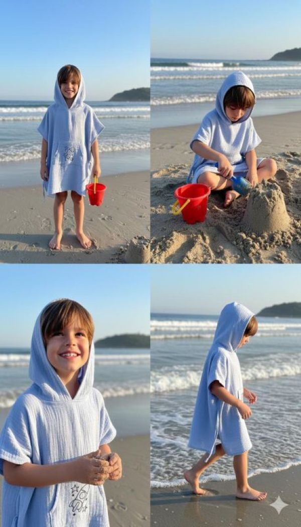 Çocuk Muslin Panço, %100 Organik Oeko-tex Sertifikalı, Füze Desenli, Cepli, Kapüşonlu