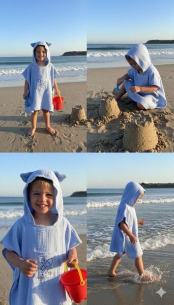 Çocuk Muslin Panço, %100 Organik Oeko-tex Sertifikalı, Füze Desenli, Cepli, Kapüşonlu