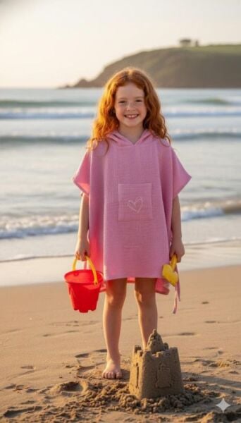 Çocuk Muslin Panço, %100 Organik Oeko-tex Sertifikalı, Kedi Desenli, Cepli, Kapüşonlu