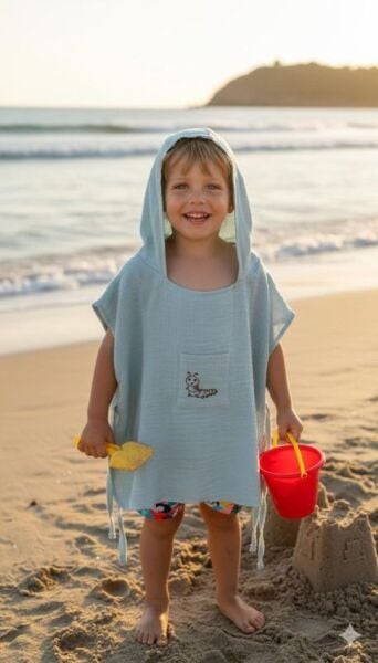 Dgtluxury Çocuk Muslin Panço, %100 Organik Oeko-tex Sertifikalı, Tırtıl Desenli, Cepli, Kapüşonlu