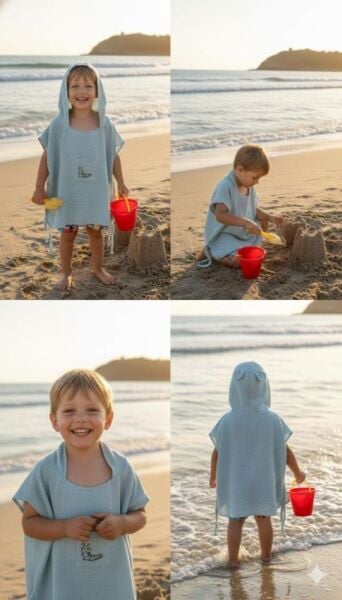 Dgtluxury Çocuk Muslin Panço, %100 Organik Oeko-tex Sertifikalı, Tırtıl Desenli, Cepli, Kapüşonlu