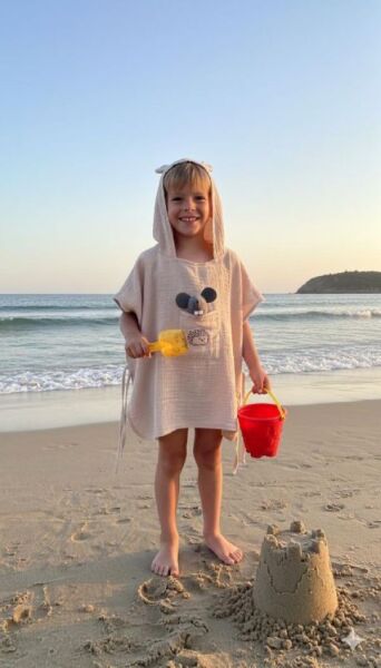 Çocuk Muslin Panço, %100 Organik Oeko-tex Sertifikalı, Kirpi Desenli Cepli, Kapüşonlu