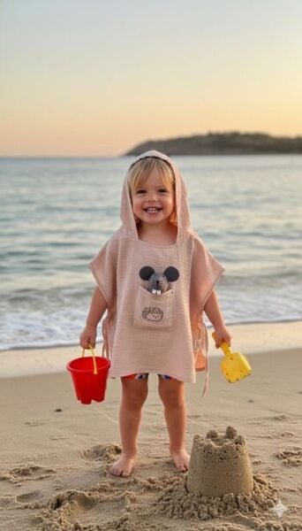 Çocuk Muslin Panço, %100 Organik Oeko-tex Sertifikalı, Kirpi Desenli Cepli, Kapüşonlu