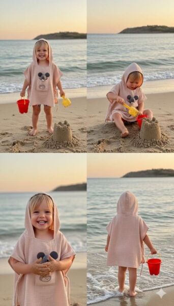 Çocuk Muslin Panço, %100 Organik Oeko-tex Sertifikalı, Kirpi Desenli Cepli, Kapüşonlu