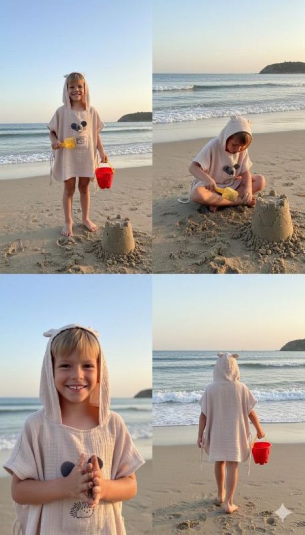 Çocuk Muslin Panço, %100 Organik Oeko-tex Sertifikalı, Kirpi Desenli Cepli, Kapüşonlu