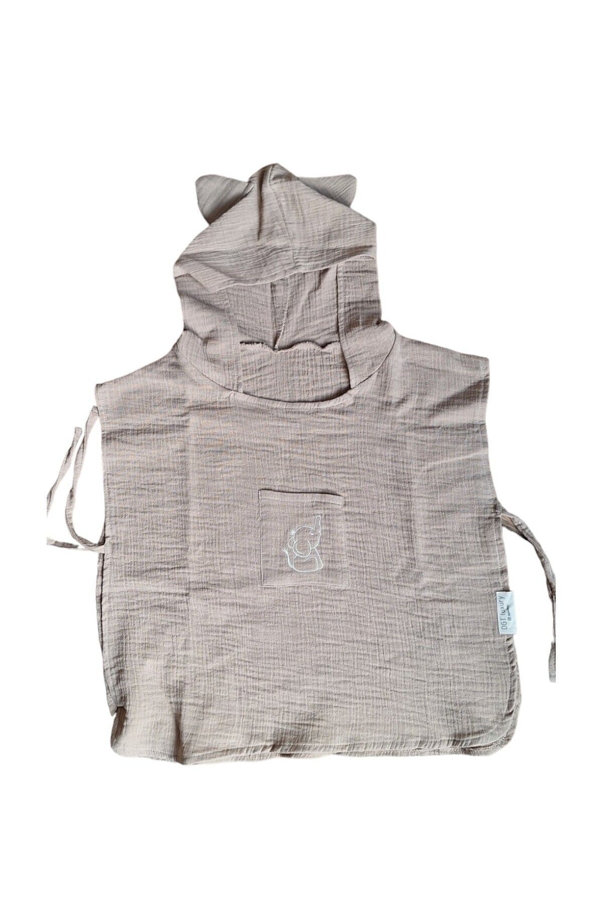 Çocuk Muslin Panço, %100 Organik Oeko-tex Sertifikalı, Fil Desenli, Cepli, Kapüşonlu