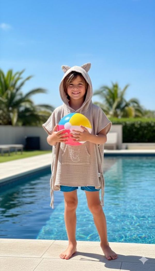 Çocuk Muslin Panço, %100 Organik Oeko-tex Sertifikalı, Fil Desenli, Cepli, Kapüşonlu