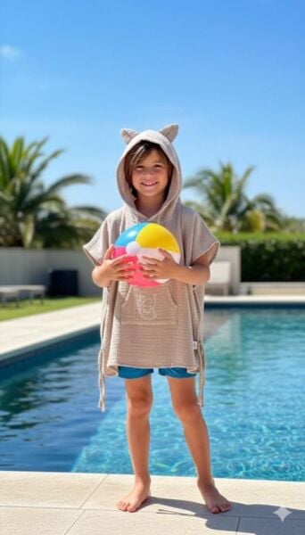 Çocuk Muslin Panço, %100 Organik Oeko-tex Sertifikalı, Fil Desenli, Cepli, Kapüşonlu