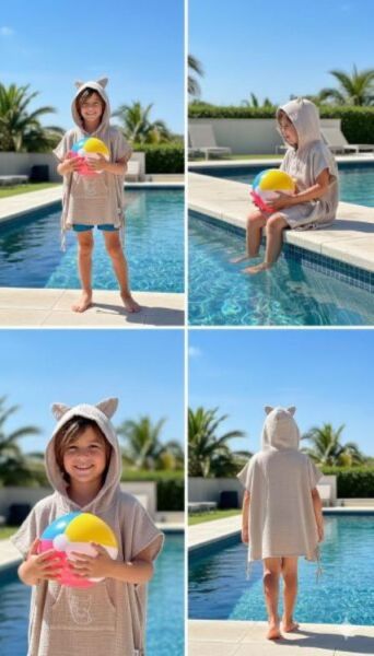 Çocuk Muslin Panço, %100 Organik Oeko-tex Sertifikalı, Fil Desenli, Cepli, Kapüşonlu