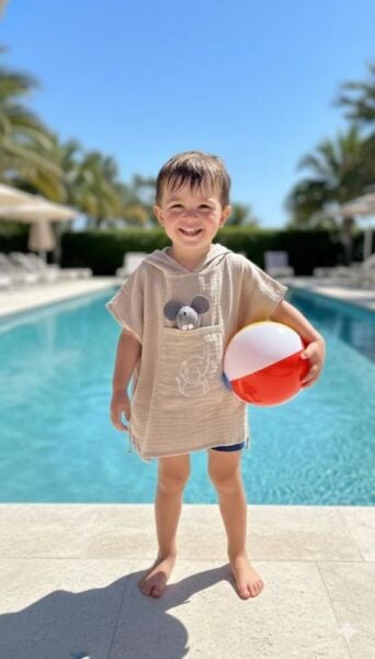 Çocuk Muslin Panço, %100 Organik Oeko-tex Sertifikalı, Fil Desenli, Cepli, Kapüşonlu