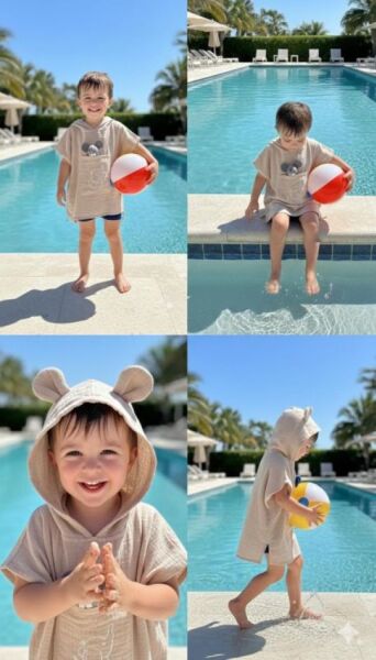 Çocuk Muslin Panço, %100 Organik Oeko-tex Sertifikalı, Fil Desenli, Cepli, Kapüşonlu