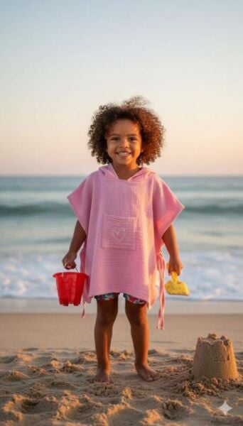 Çocuk Muslin Panço, %100 Organik Oeko-tex Sertifikalı, Kalp Desenli, Cepli, Kapüşonlu