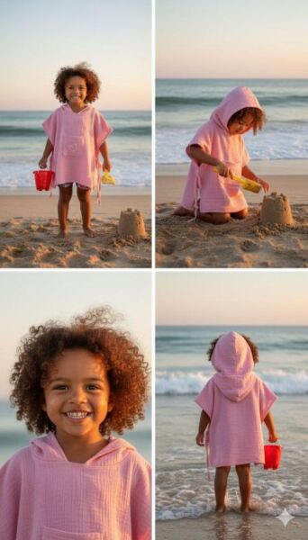 Çocuk Muslin Panço, %100 Organik Oeko-tex Sertifikalı, Kalp Desenli, Cepli, Kapüşonlu