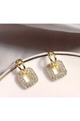 Zarif Şık Parlak Kare Gold Küpe