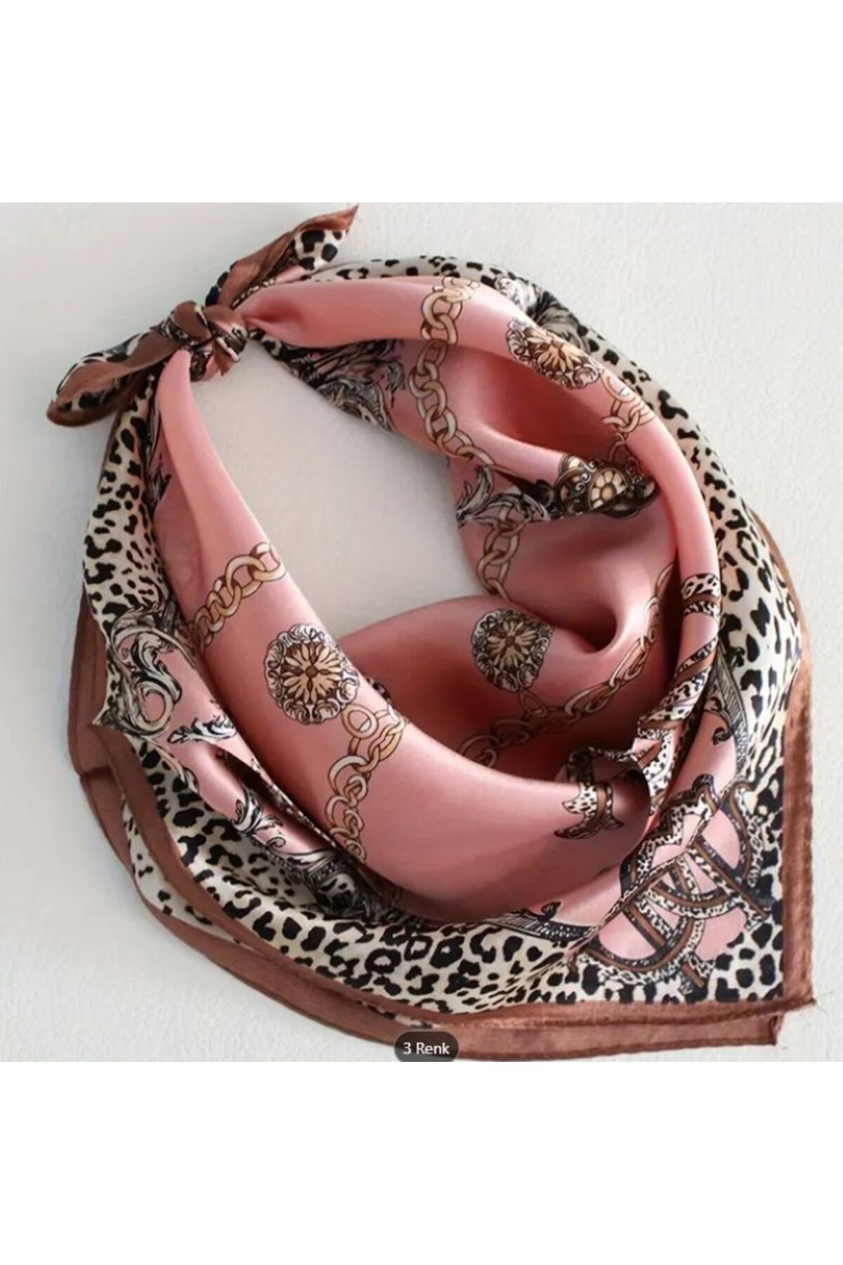 Zincirli Leopar Desenli, Çift Taraflı, Kare Saten Fular 70cmx70cm Pembe