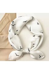 Martı Baskılı, Çift Taraflı, Kare Şal Eşarp 70cmx70cm Beyaz