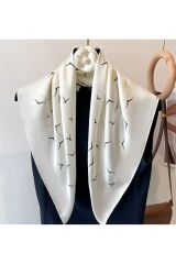 Martı Baskılı, Çift Taraflı, Kare Şal Eşarp 70cmx70cm Beyaz