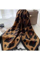 Kızıl Leopar Desenli Boyun Aksesuarı Içift Taraflı Kare Şal Eşarp 70cmx70cm Kahverengi