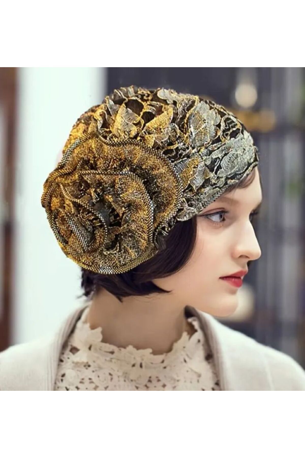 Büyük Çiçekli, Vintage, Dantel Esnek Şapka Sarı - 1