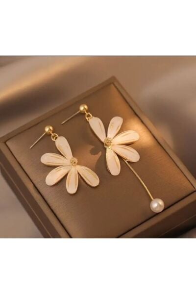 İnci detaylı Küpe Bohem tarzı asimetrik papatya çiçeği