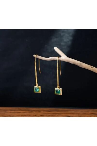 Yeşil Taşlı Sallantılı Bohem Gold Küpe
