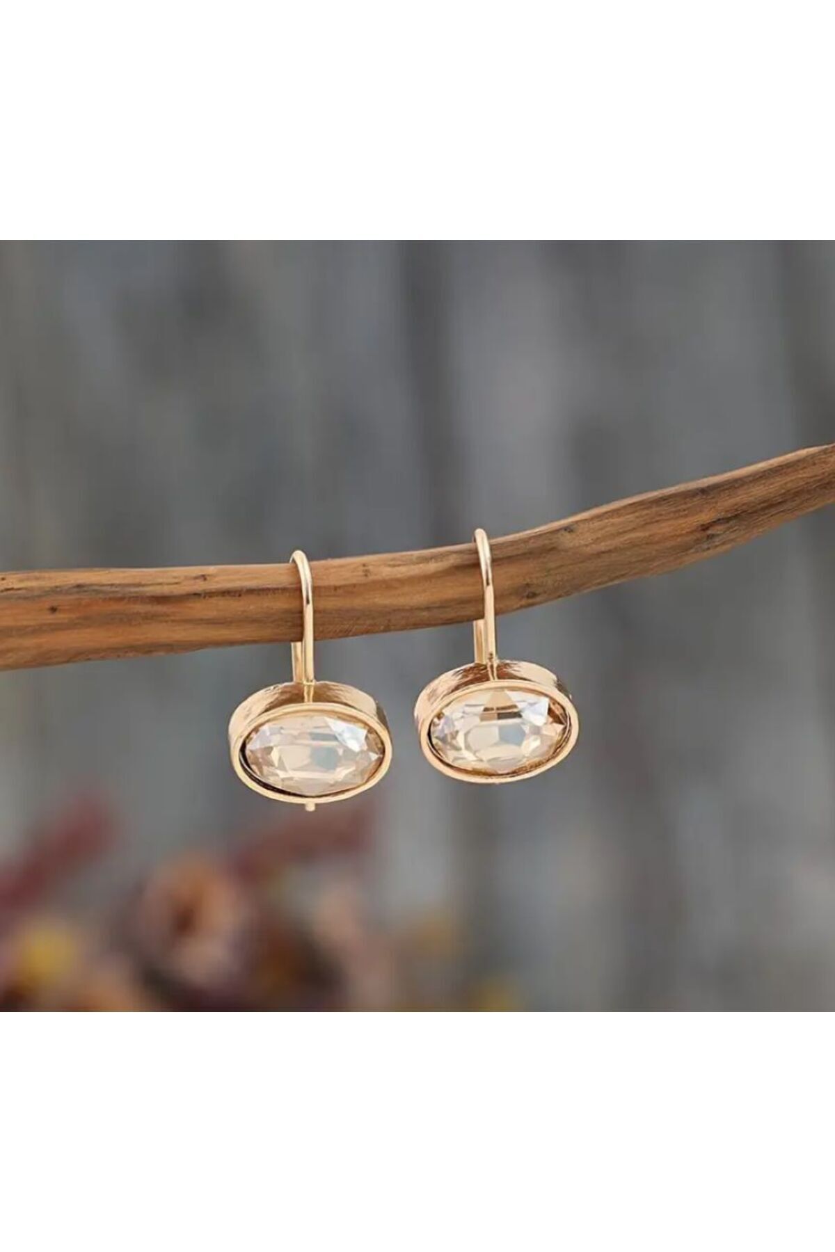 Altın Kaplama Şeffaf Elmas Görünümlü Kanca Küpe