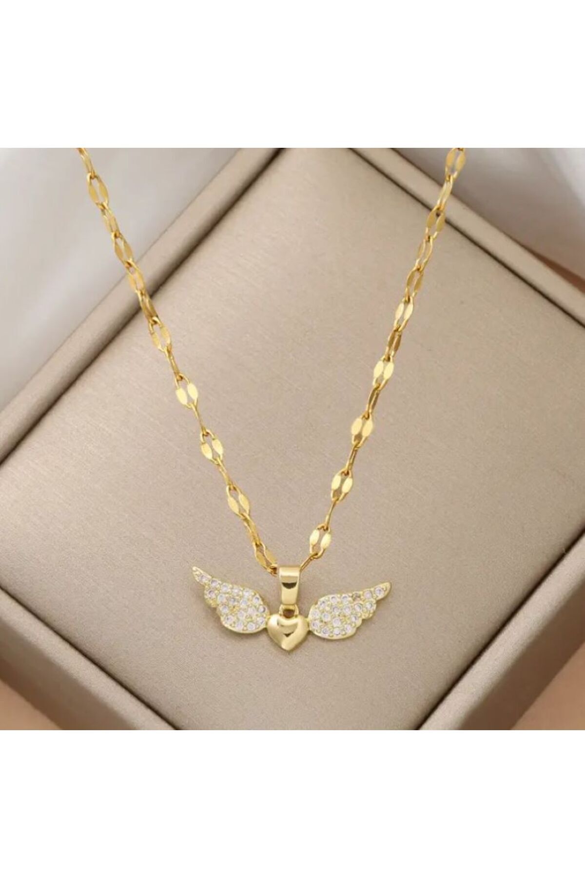 18 Ayar Altın Kaplama Kalpli Melek Kanatları Kolye-paslanmaz Çelik
