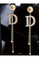 D Harfi Uzun Püsküllü Küpe -Kulak İğnesi Paslanmaz Çelik