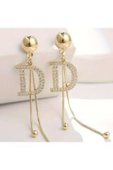 D Harfi Uzun Püsküllü Küpe -Kulak İğnesi Paslanmaz Çelik