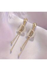 D Harfi Uzun Püsküllü Küpe -Kulak İğnesi Paslanmaz Çelik