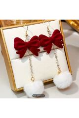 Peluş Pon Pon Yılbaşı Küpesi -Kulak İğnesi Paslanmaz Çelik