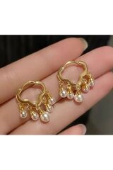 925 Ayar Gümüş Kaplama Yapay İnci Detaylı Hareketli Küpe