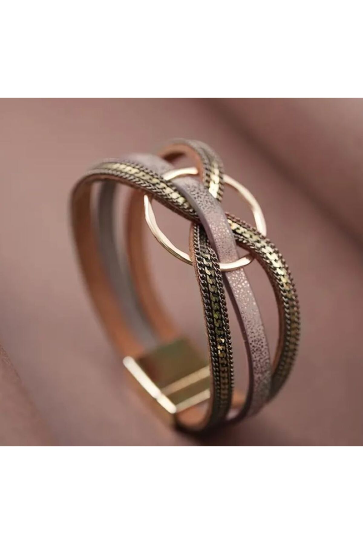Vegan Deri Kahve Tonlarında Gold Detaylı Bileklik