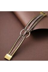 Vegan Deri Kahve Tonlarında Gold Detaylı Bileklik