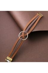 Vegan Deri Kahve Tonlarında Gold Detaylı Bileklik