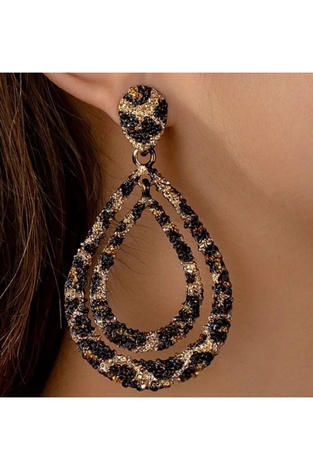 Leopar Desenli Gold Damla büyük küpe