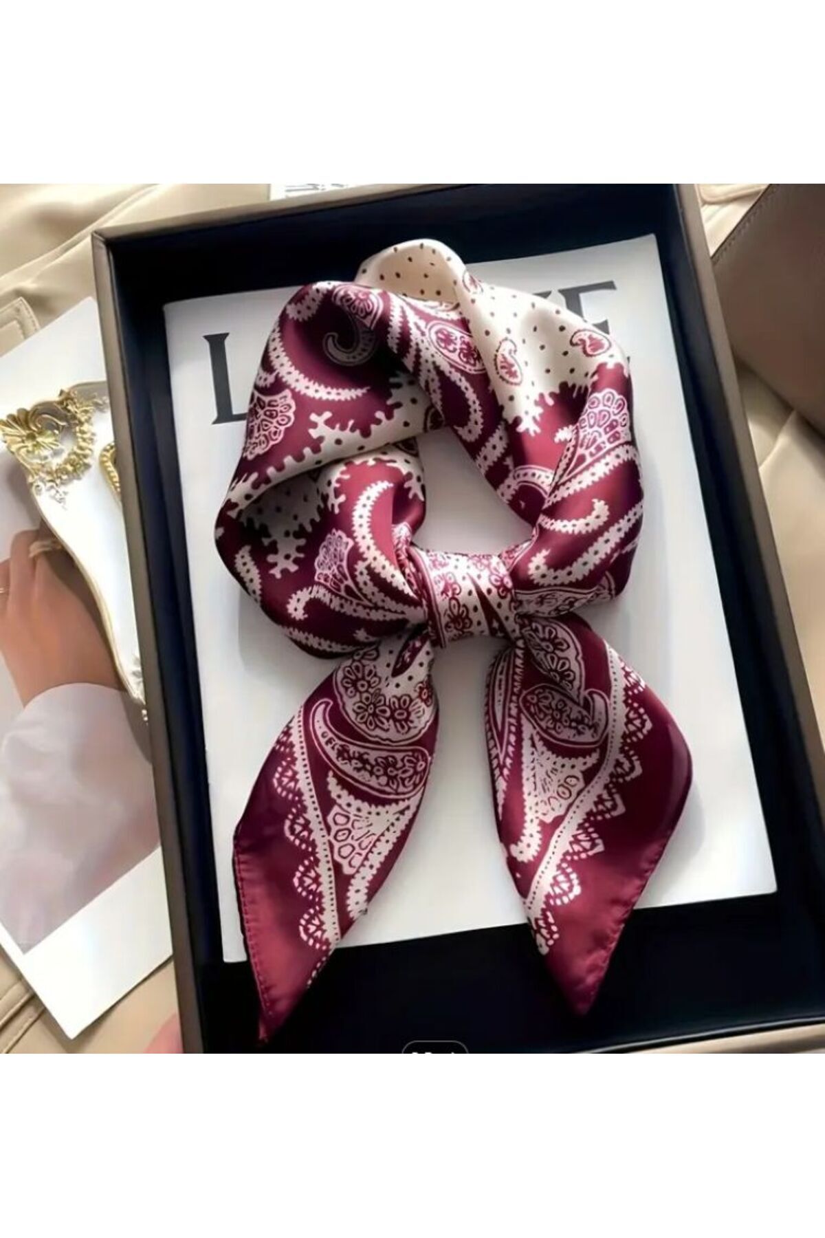 Paisley Baskılı, Rüzgar Geçirmez, Çift Taraf Baskılı, Şal, Fular, Eşarp 70x70 Bordo